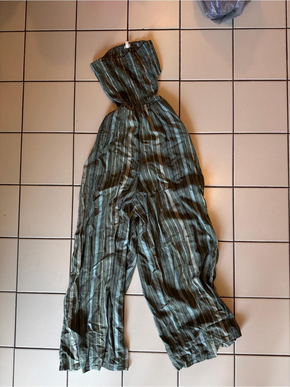 aerie Green and White Striped Strapless Jumpsuit